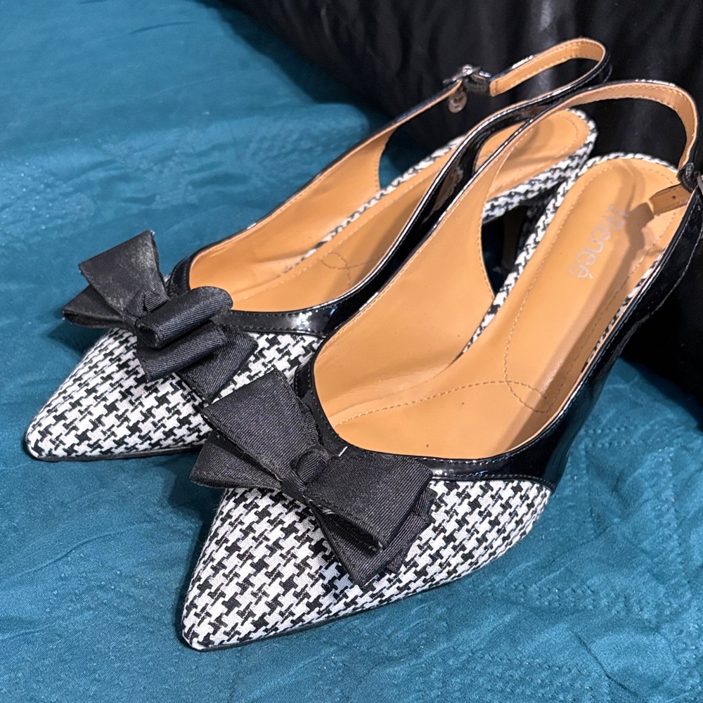 Black & White Houndstooth Slingback Pointed Toe Flats with Bow size 12W